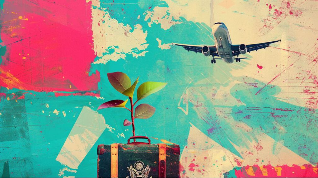 Farbenfrohe digitale Collage zum Thema Auswandern: Ein Reisepass, ein stilisiertes Flugzeug und ein kleiner Spross, der aus einem Koffer wächst, symbolisieren den Aufbruch in ein neues Leben.
