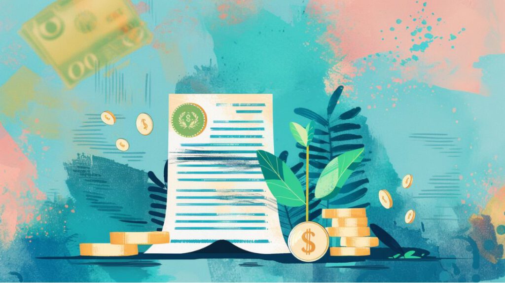 Farbenfrohe digitale Collage zum Thema Gründungszuschuss: Ein genehmigtes Antragsformular im Zentrum, umgeben von Euro-Münzen und einem kleinen Spross, der aus dem Dokument wächst – als Symbol für den geförderten Start in die Selbstständigkeit.