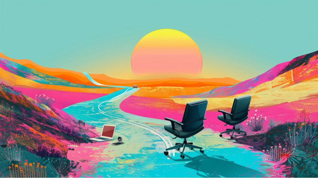 Farbenfrohe digitale Collage zum Thema Neuanfang nach Jobverlust: Zwei Fallschirme tragen jeweils einen Schreibtisch mit Laptop sanft durch einen bunten Himmel hinab zu einer Landschaft mit verschiedenen Wegen – als Symbol für den unerwarteten, aber sicheren Sprung in die Selbstständigkeit.