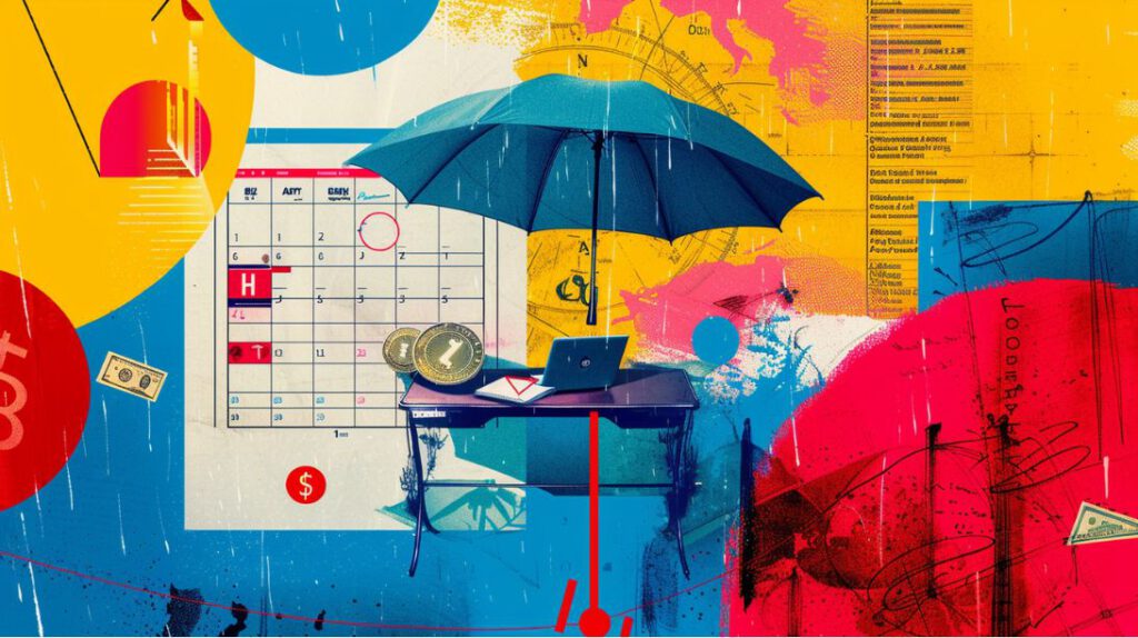 Farbenfrohe digitale Collage zum Thema Absicherung für Selbstständige: Ein offizielles Dokument mit grünem Genehmigungsstempel, umgeben von Euro-Münzen und einer kleinen wachsenden Pflanze als Symbol für finanzielle Sicherheit und Neuanfang.